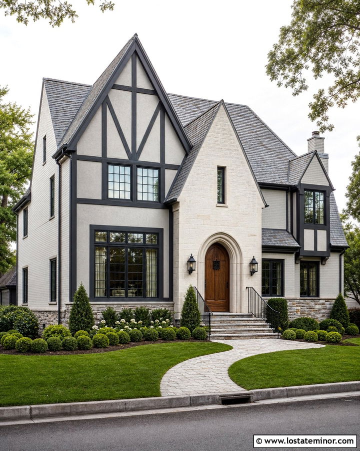 Dove Grey Tudor With Black Steel Window Frames - 30 Dove Grey House Design With Window Frames Ideas