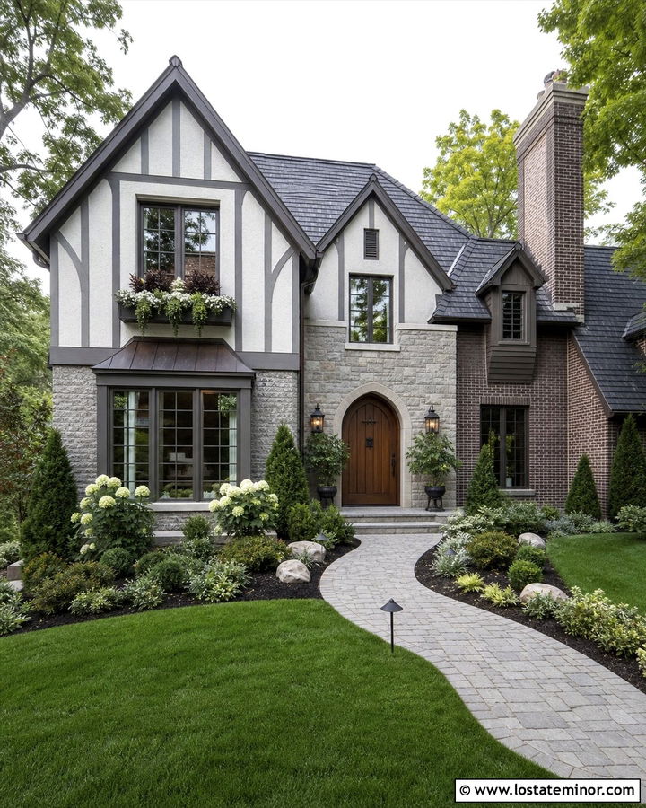Dove Grey Tudor With Dark Bronze Window Boxes - 30 Dove Grey House Design With Window Boxes Ideas