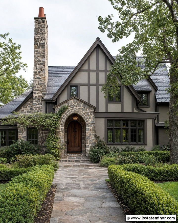 Dove Grey Tudor With Rustic Stone Accents - 30 Dove Grey House Design With Stone Accents Ideas