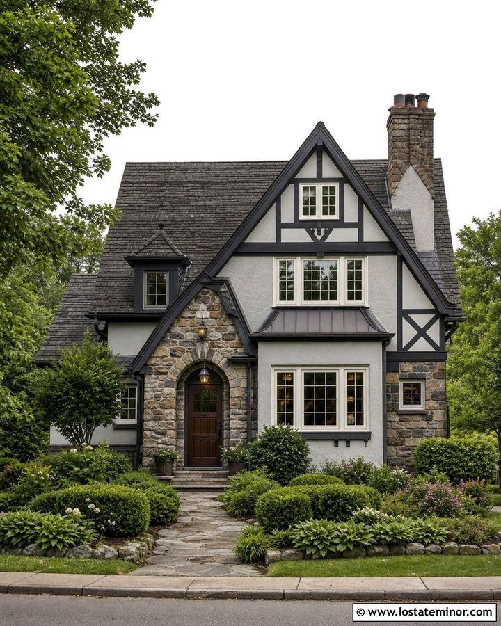 Dove Grey Tudor With Stone Porch - 30 Dove Grey House Design With Front Porch Ideas