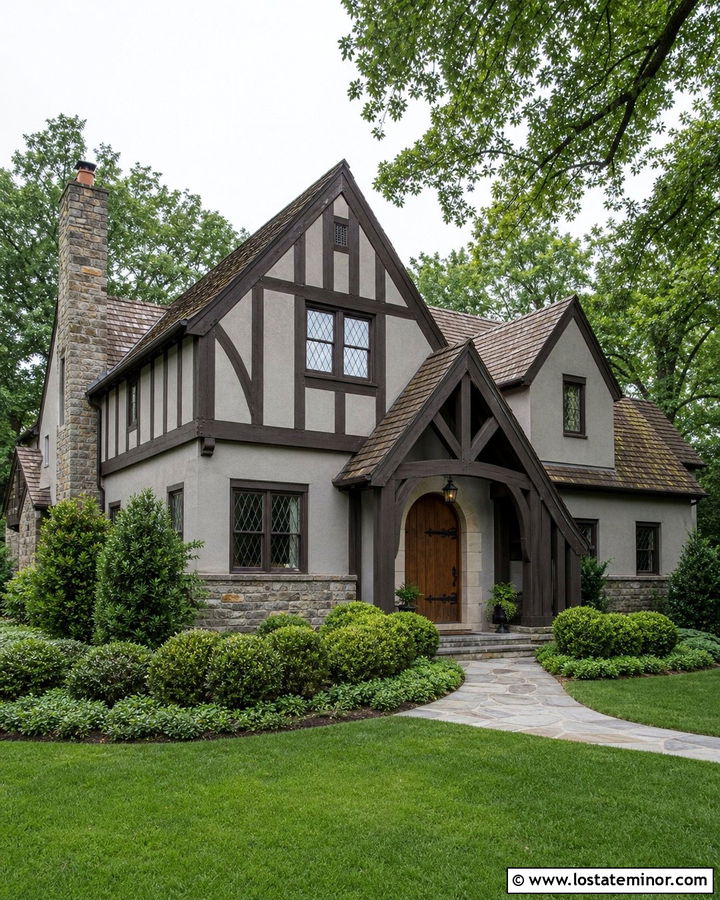 Dove Grey Tudor With Timber Portico - 30 Dove Grey House Design With Portico Ideas