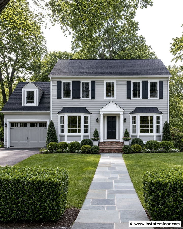 Dove Grey Two Story House With Window Awnings - 30 Dove Grey House Design With Awning Ideas