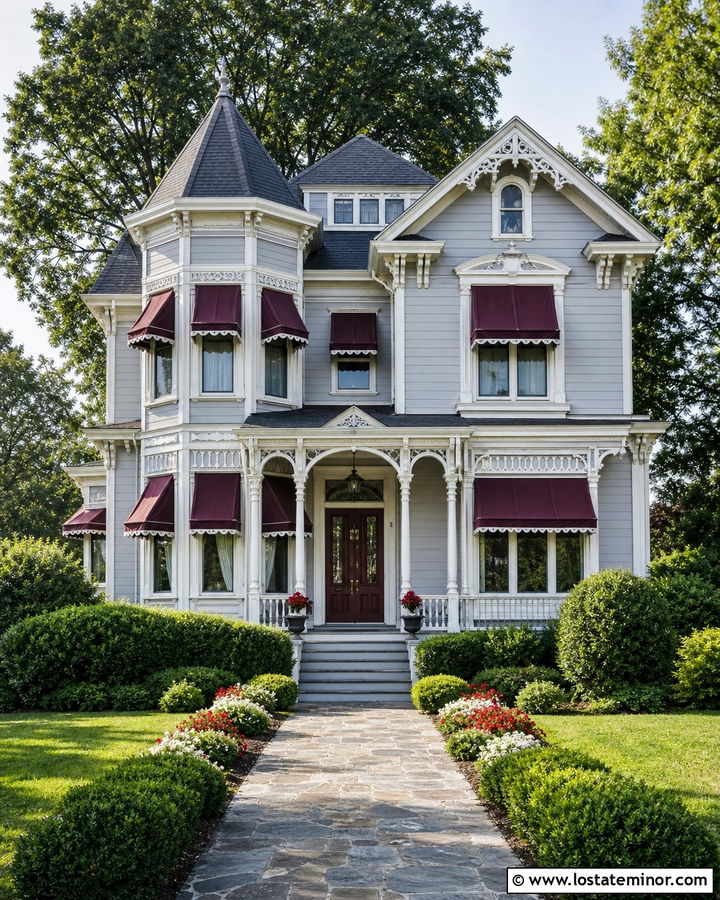 Dove Grey Victorian House With Burgundy Awning - 30 Dove Grey House Design With Awning Ideas