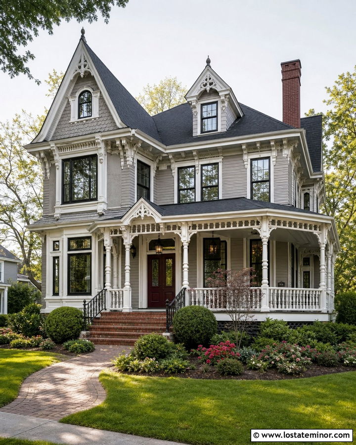 Dove Grey Victorian With Black Grid Windows - 30 Dove Grey House Design With Window Frames Ideas
