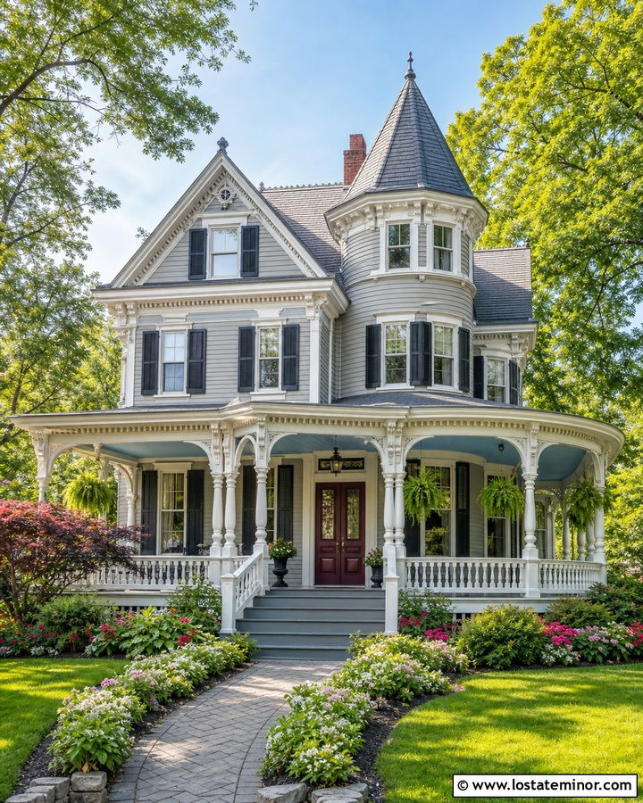 Dove Grey Victorian With Blue Wraparound Porch Ceiling - 30 Dove Grey House Design With Porch Ceiling Ideas