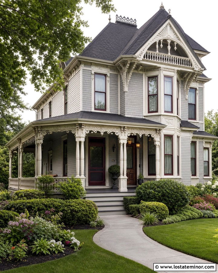 Dove Grey Victorian With Burgundy Screen Door - 30 Dove Grey House Design With Screen Door Ideas