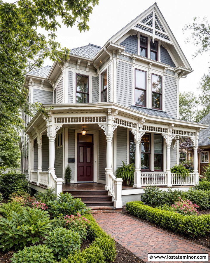 Dove Grey Victorian With Decorative Front Porch - 30 Dove Grey House Design With Front Porch Ideas