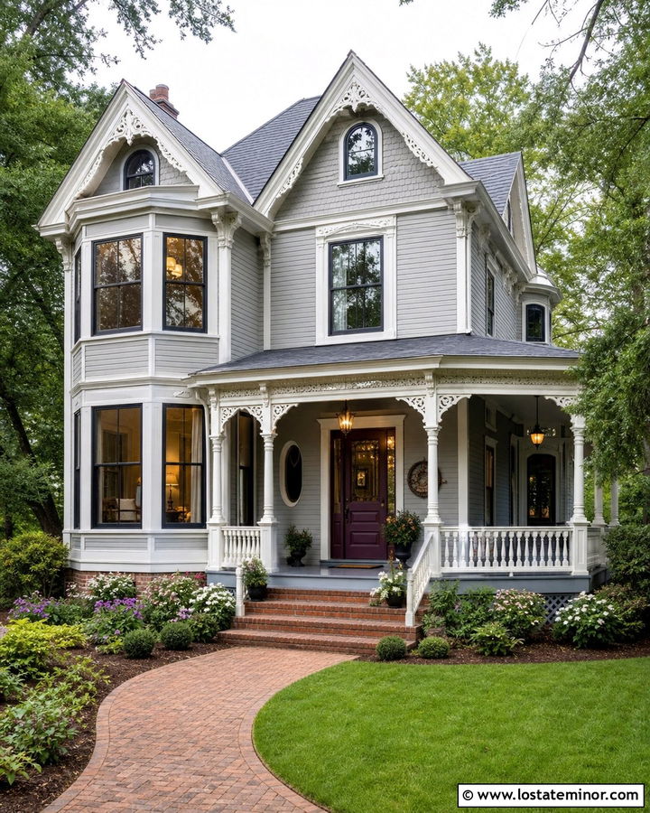 Dove Grey Victorian With Decorative Porch Columns - 30 Dove Grey House Design With Porch Columns Ideas
