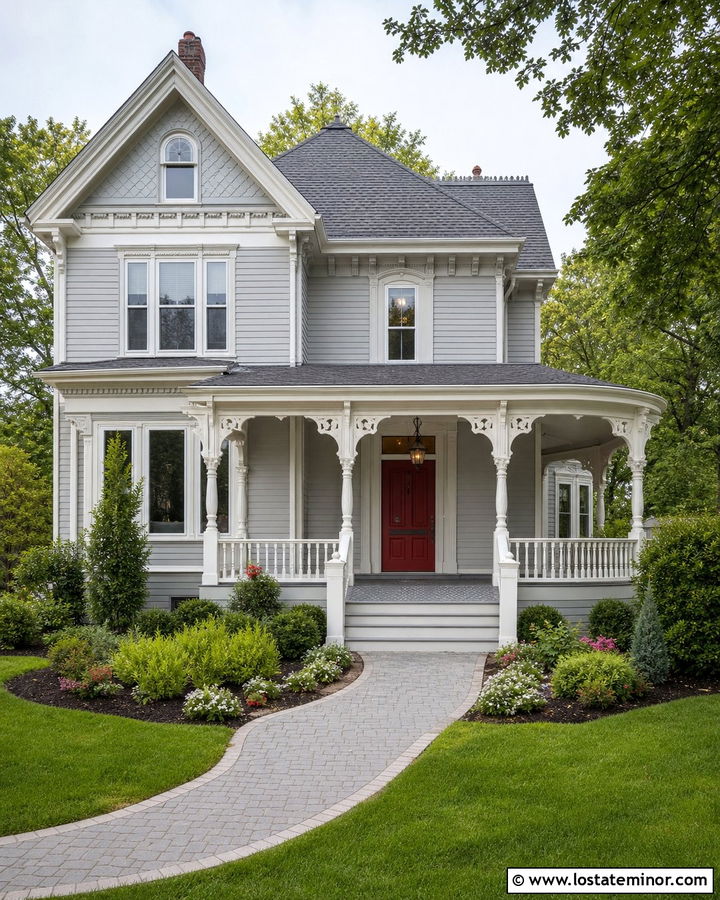 Dove Grey Victorian With Decorative Portico - 30 Dove Grey House Design With Portico Ideas