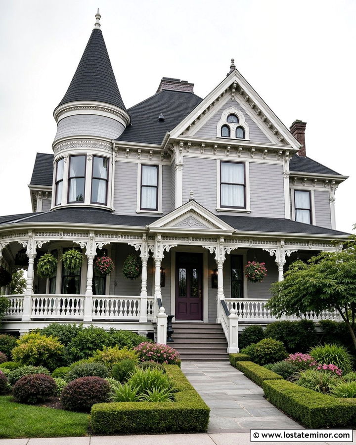 Dove Grey Victorian With Decorative White Railings - 30 Dove Grey House Design With Railings Ideas