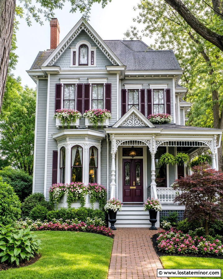 Dove Grey Victorian With Ornate White Window Boxes - 30 Dove Grey House Design With Window Boxes Ideas