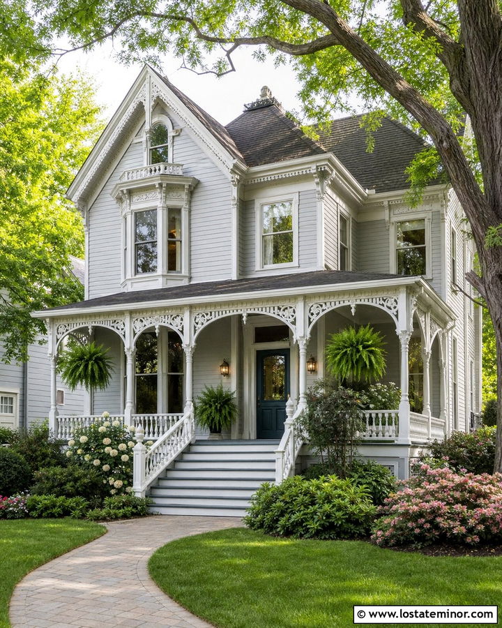 Dove Grey Victorian With Painted Porch Steps - 30 Dove Grey House Design With Steps Ideas