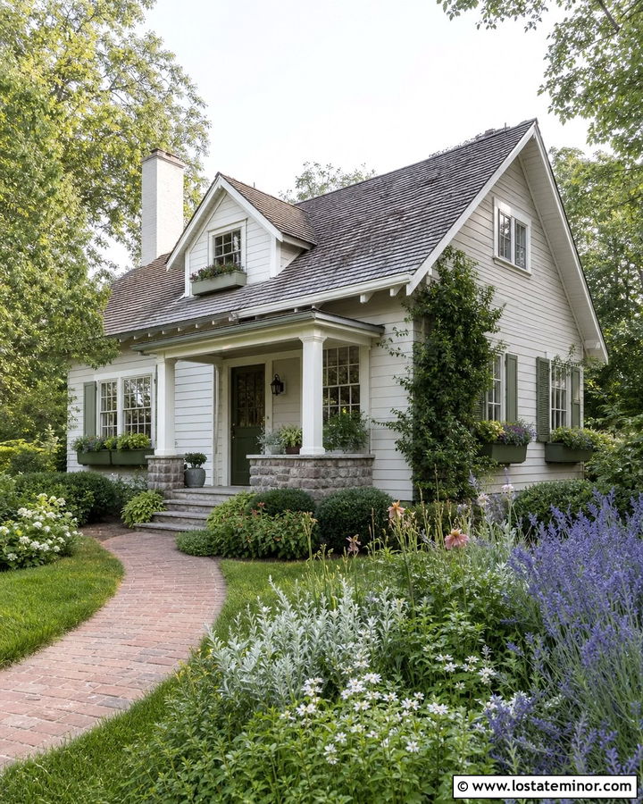 Dove Wing Cottage With Sage Window Boxes - 30 Warm White House Design With Window Boxes Ideas