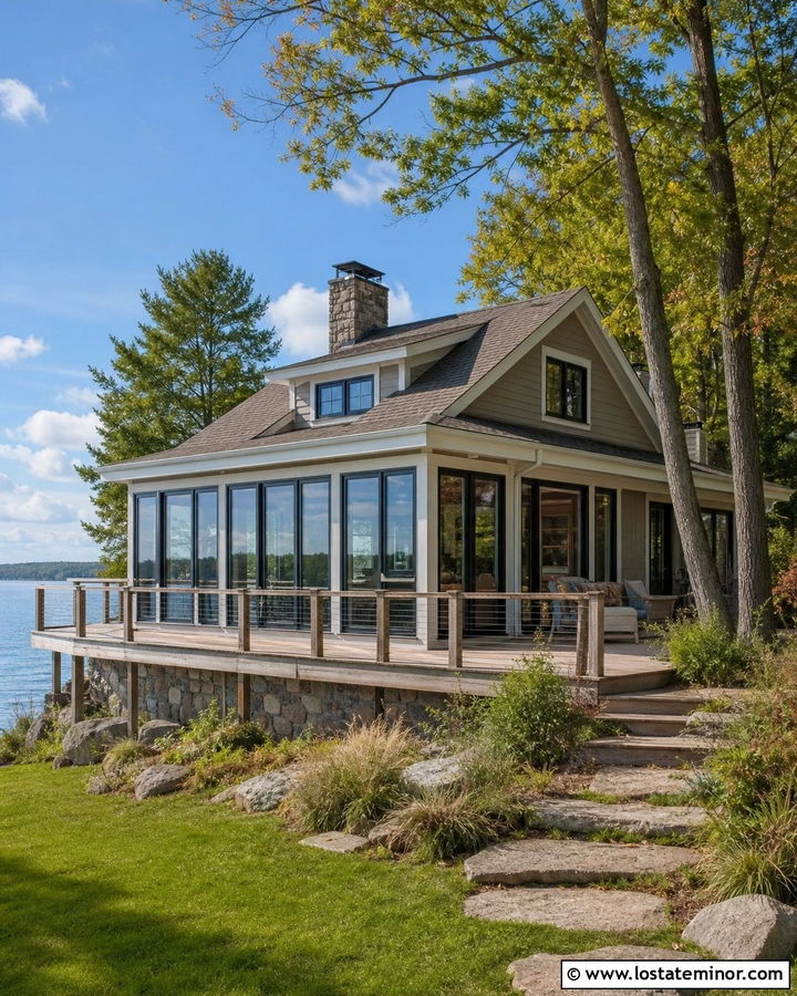 Driftwood Tan Lake House With Panoramic Sunroom - 30 Tan House Design With Sunroom Ideas