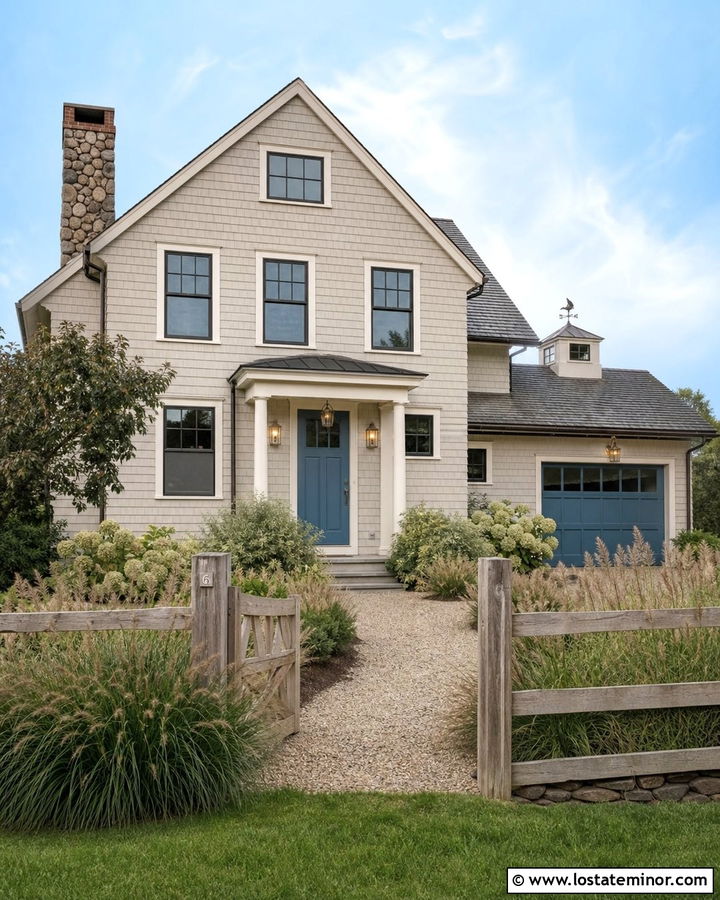 Drop Cloth House With Aged Brass Lanterns - 30 Greige House Design With Light Fixtures Ideas