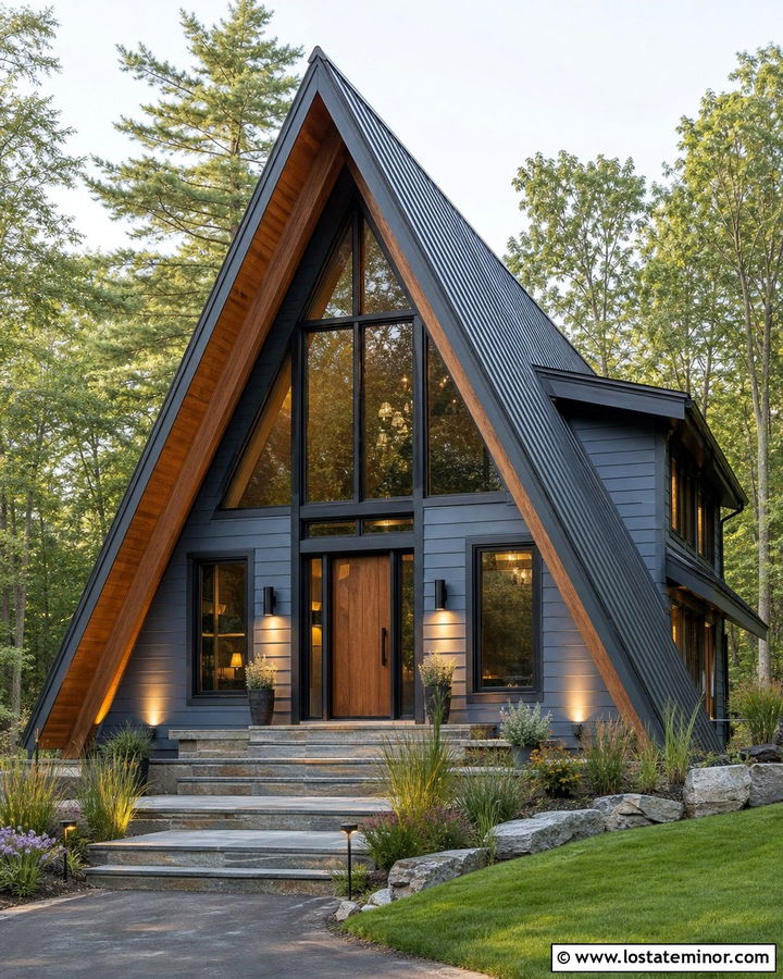Dusty Blue A Frame With Architectural Uplighting - 30 Dusty Blue House Design With Lighting Ideas