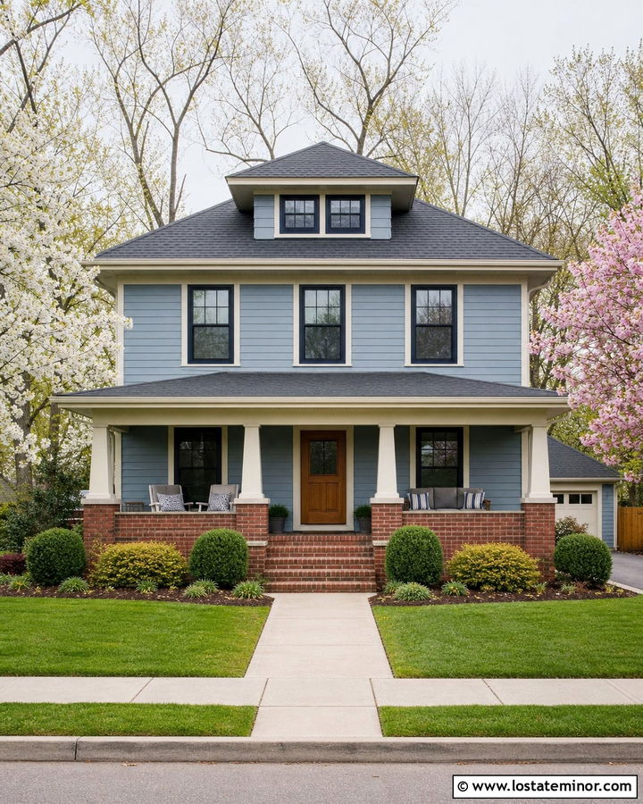 Dusty Blue American Foursquare With Brick Porch - 30 Dusty Blue House Design With Brick Accents Ideas