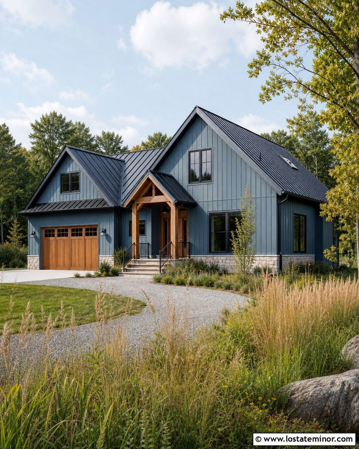 Dusty Blue Barn House With Off Black Window Frames - 30 Dusty Blue House Design With Window Frames Ideas
