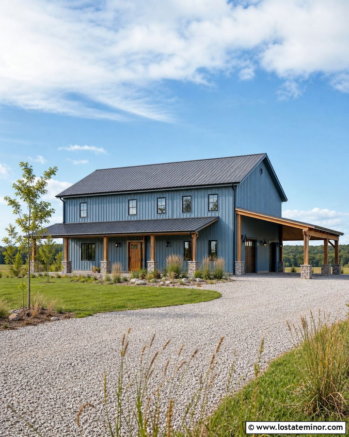 Dusty Blue Barndominium With Lean To Carport - 30 Dusty Blue House Design With Carport Ideas