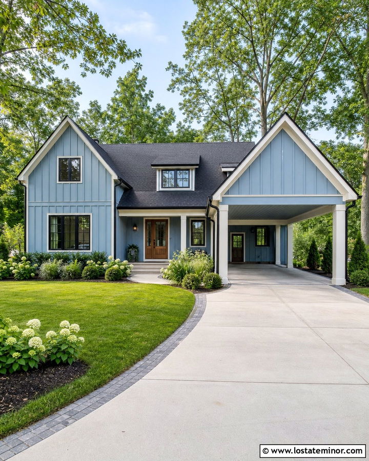 Dusty Blue Board And Batten House With Gable Carport - 30 Dusty Blue House Design With Carport Ideas