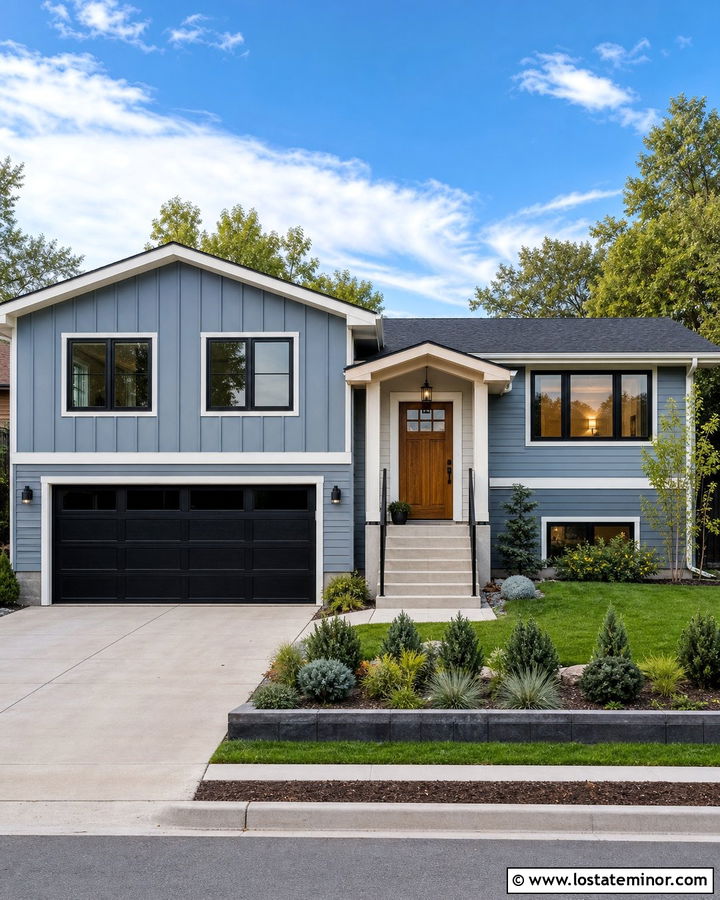 Dusty Blue Board And Batten With A Black Garage Door - 30 Dusty Blue House Design With Board and Batten Ideas