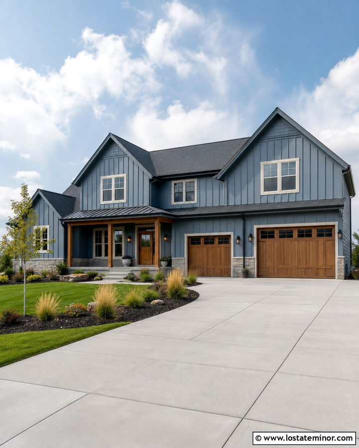 Dusty Blue Board And Batten With A Wood Garage Door - 30 Dusty Blue House Design With Board and Batten Ideas