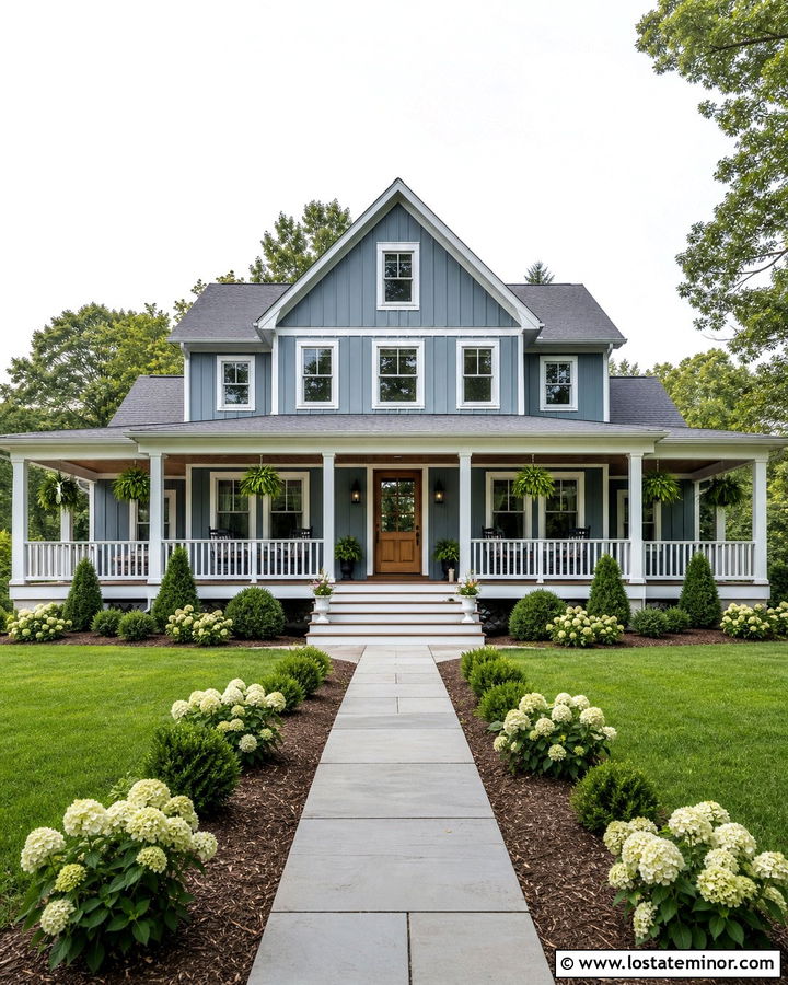 Dusty Blue Board And Batten With A Wraparound Porch - 30 Dusty Blue House Design With Board and Batten Ideas