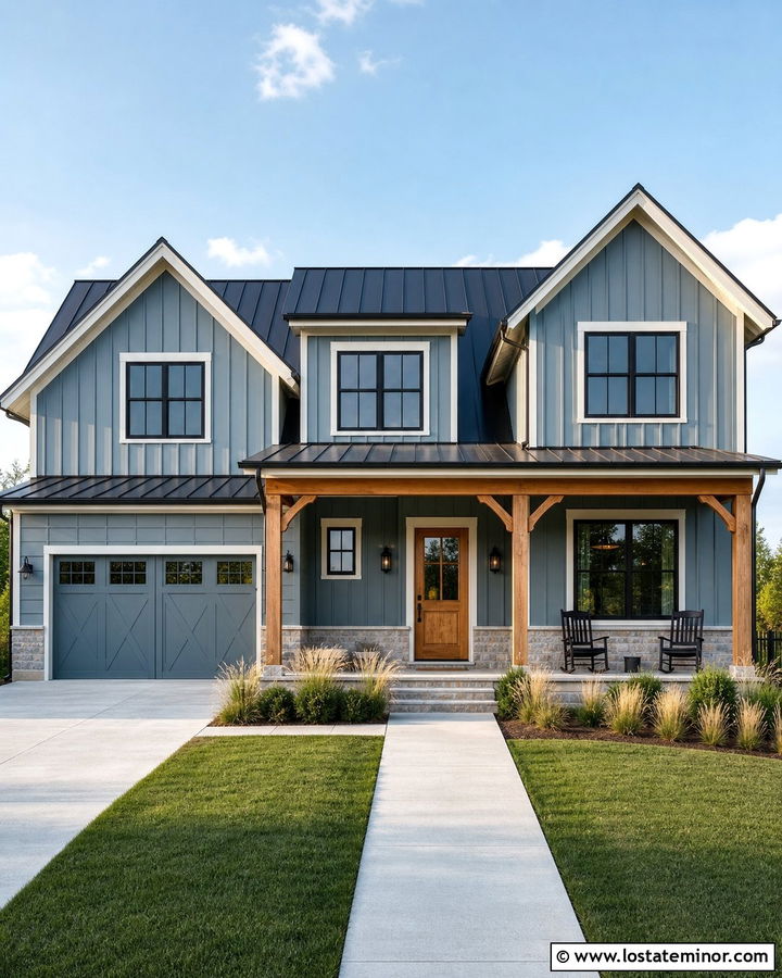 Dusty Blue Board And Batten With Black Metal Roof - 30 Dusty Blue House Design With Accents Ideas