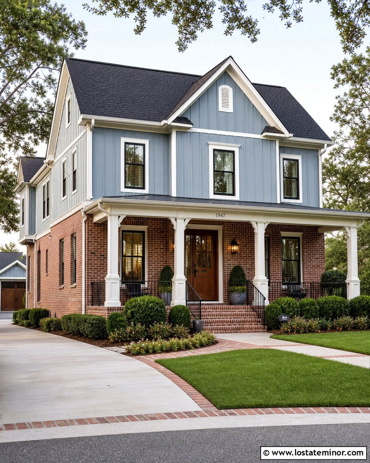 Dusty Blue Board And Batten With Red Brick - 30 Dusty Blue House Design With Board and Batten Ideas