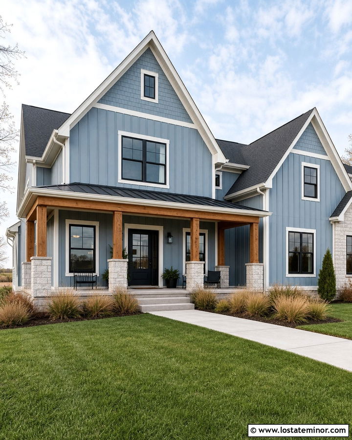 Dusty Blue Board And Batten With Shingle Siding - 30 Dusty Blue House Design With Shingles Ideas
