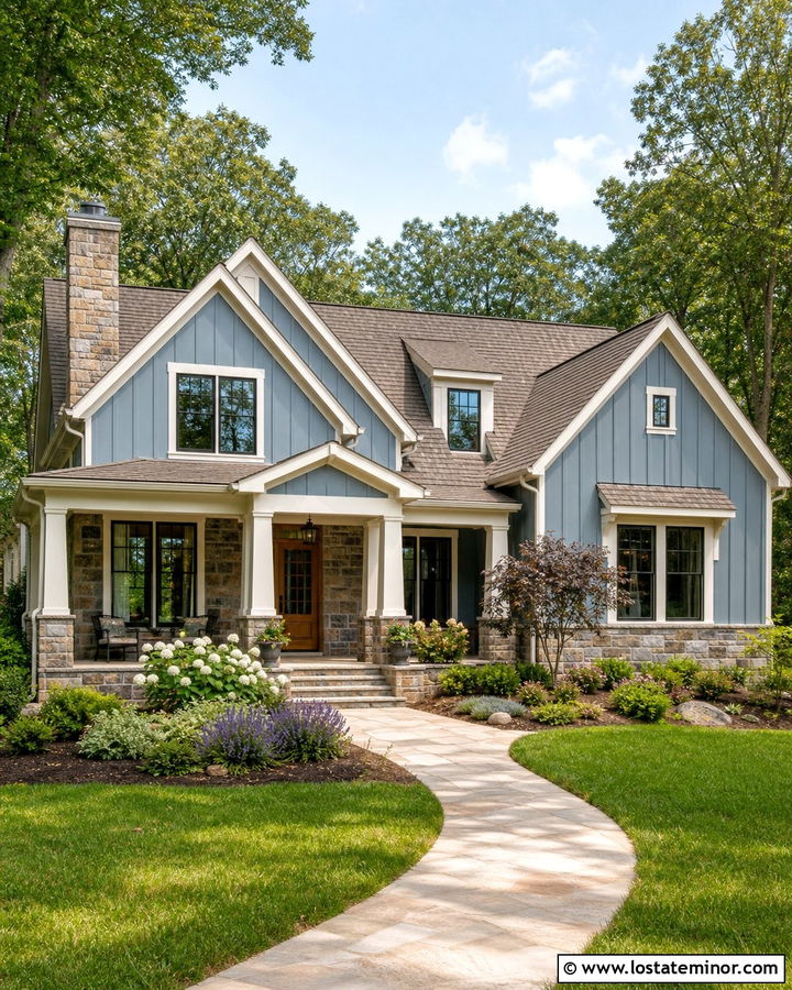 Dusty Blue Board And Batten With Stone Accents - 30 Dusty Blue House Design With Board and Batten Ideas