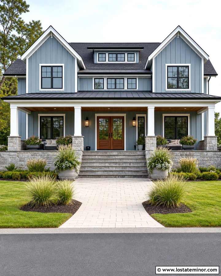 Dusty Blue Board And Batten With Stone Porch - 30 Dusty Blue House Design With Stone Accents Ideas