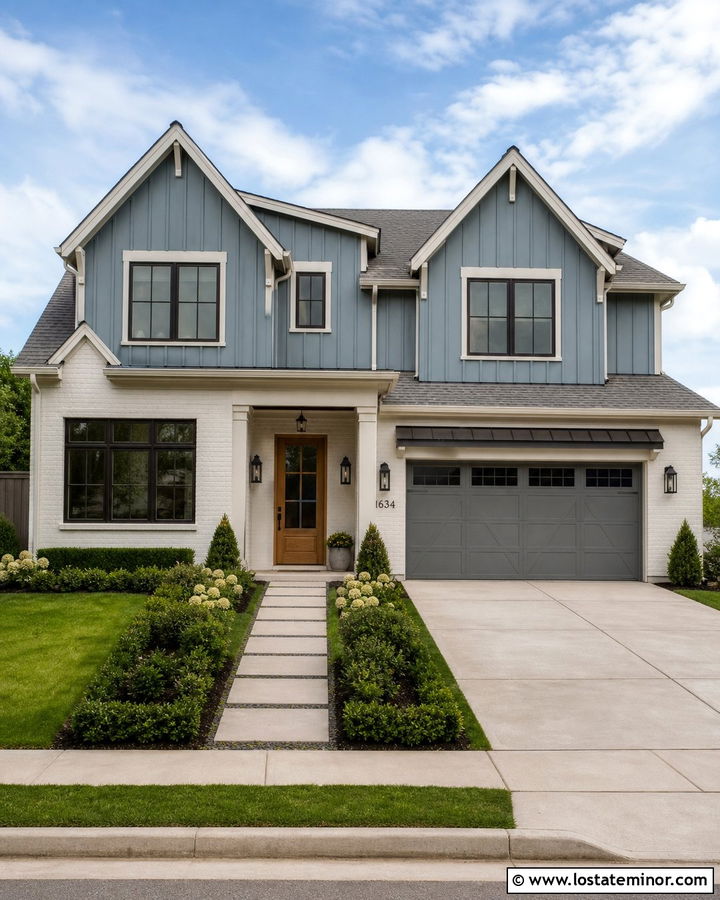 Dusty Blue Board And Batten With White Brick - 30 Dusty Blue House Design With Board and Batten Ideas