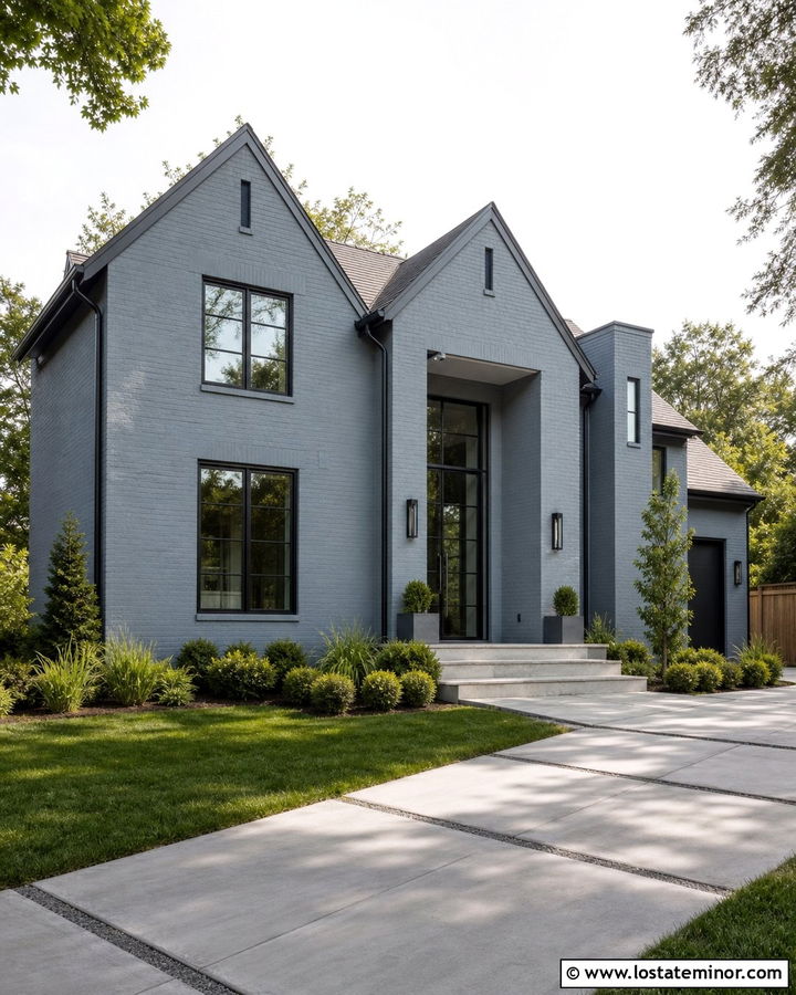 Dusty Blue Brick House With Black Glass Door - 30 Dusty Blue House Design With Entry Door Ideas