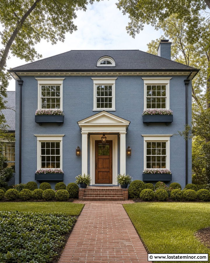 Dusty Blue Brick House With Blue Window Boxes - 30 Dusty Blue House Design With Window Boxes Ideas