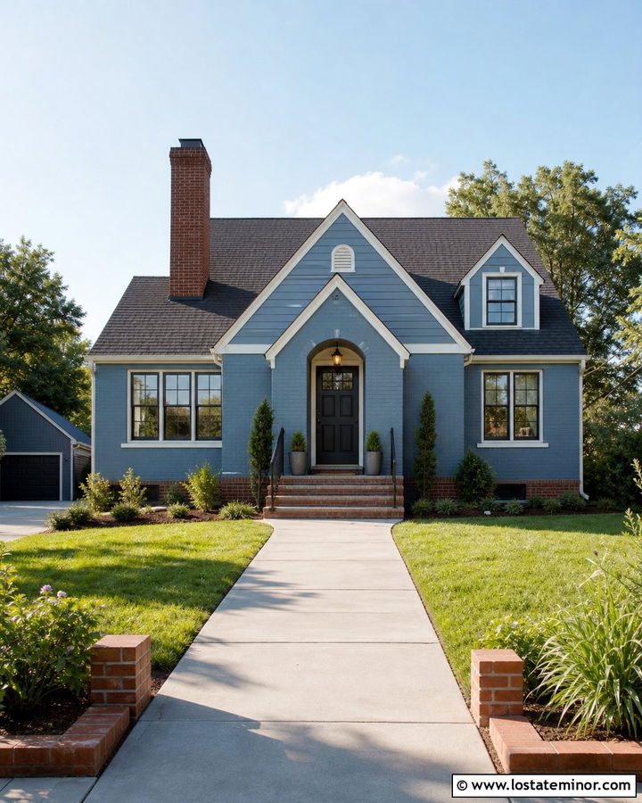 Dusty Blue Brick House With Concrete Walkway - 30 Dusty Blue House Design With Walkway Ideas