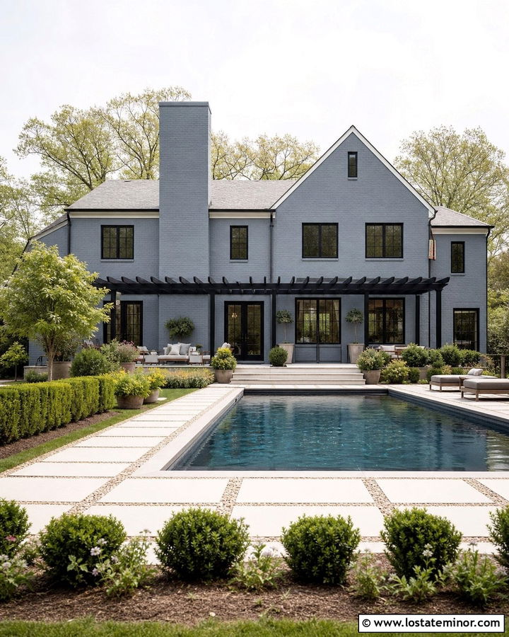 Dusty Blue Brick House With Modern Pool - 30 Dusty Blue House Design With Swimming Pool Ideas