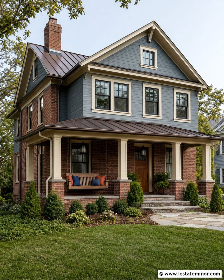 Dusty Blue Brick House With Porch Swing - 30 Dusty Blue House Design With Swing Ideas