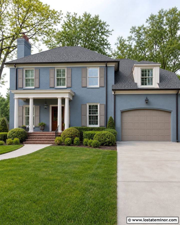 Dusty Blue Brick House With Taupe Garage Door - 30 Dusty Blue House Design With Garage Door Ideas