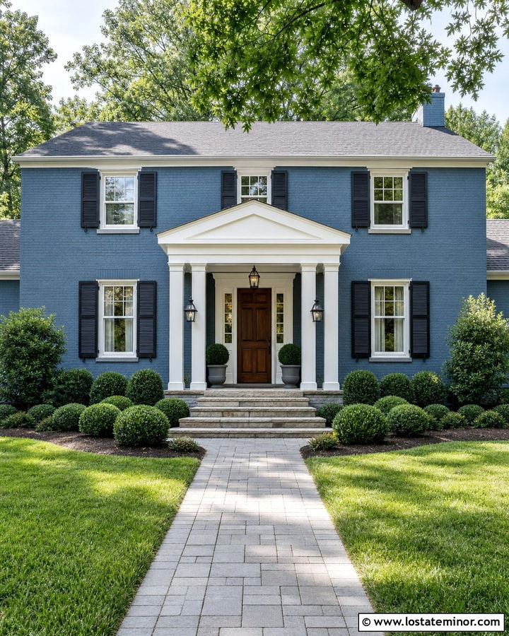 Dusty Blue Brick House With White Portico - 30 Dusty Blue House Design With Portico Ideas