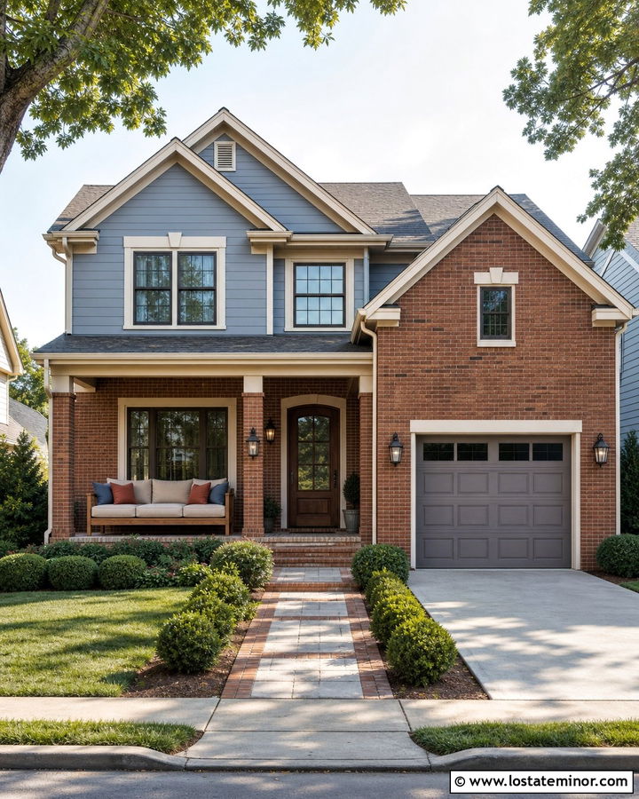 Dusty Blue Brick House With Wood Daybed - 30 Dusty Blue House Design With Daybed Ideas