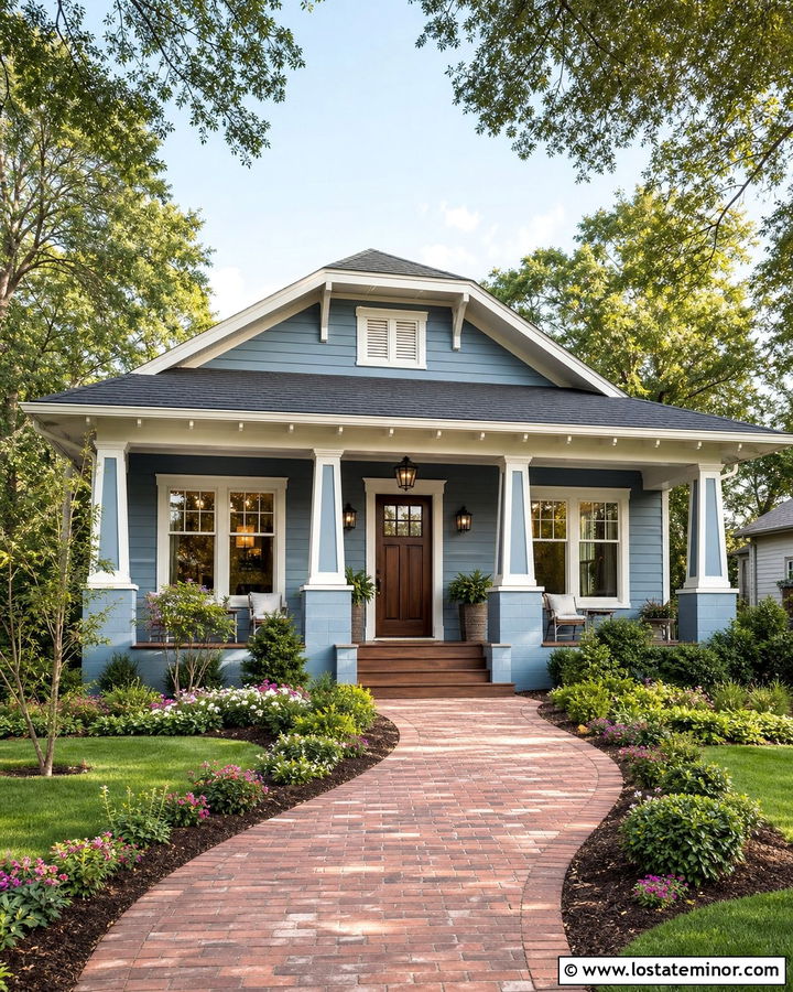Dusty Blue Bungalow With A Porch Pendant - 30 Dusty Blue House Design With Lighting Ideas
