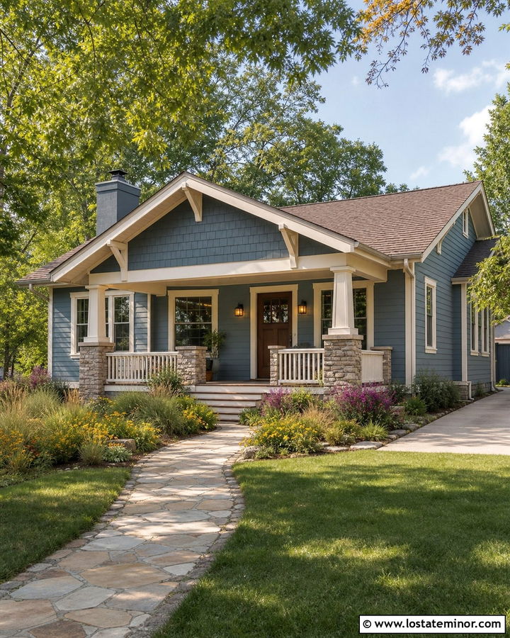 Dusty Blue Bungalow With A Wide Porch Gable - 30 Dusty Blue House Design With Gables Ideas