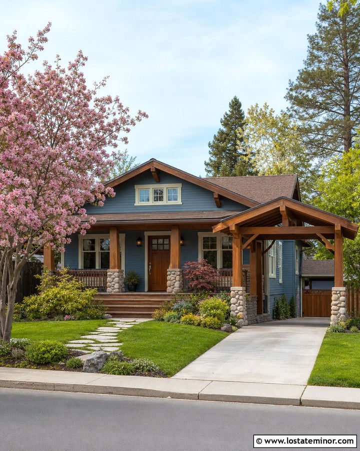 Dusty Blue Bungalow With Cedar Carport - 30 Dusty Blue House Design With Carport Ideas