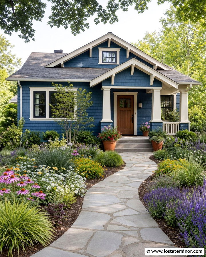 Dusty Blue Bungalow With Cottage Garden - 30 Dusty Blue House Design With Landscaping Ideas