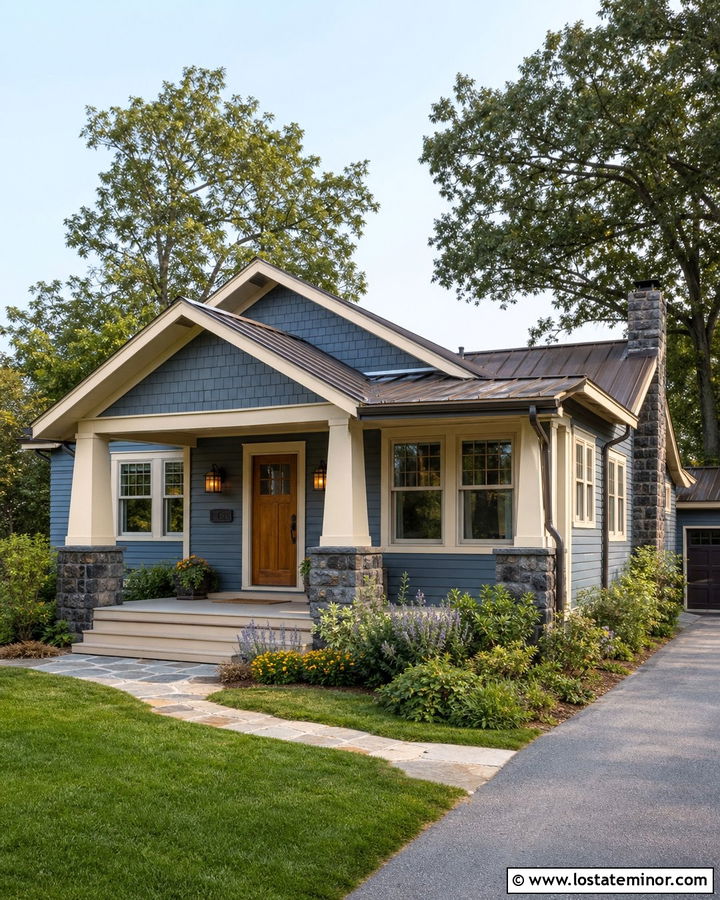 Dusty Blue Bungalow With Craftsman Porch Columns - 30 Dusty Blue House Design With Porch Columns Ideas