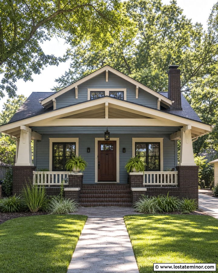 Dusty Blue Bungalow With Dark Brick Porch - 30 Dusty Blue House Design With Brick Accents Ideas