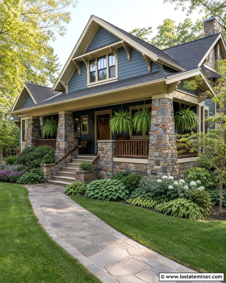 Dusty Blue Bungalow With Fieldstone Columns - 30 Dusty Blue House Design With Stone Accents Ideas