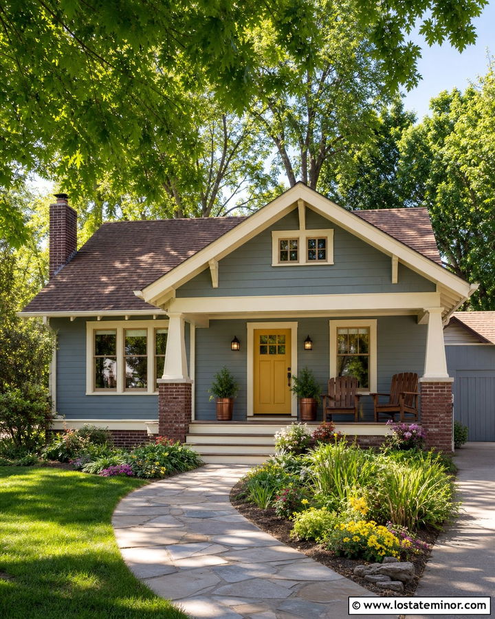 Dusty Blue Bungalow With Mustard Yellow Door - 30 Dusty Blue House Design With Entry Door Ideas