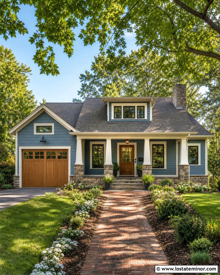 Dusty Blue Bungalow With Natural Oak Garage Door - 30 Dusty Blue House Design With Garage Door Ideas